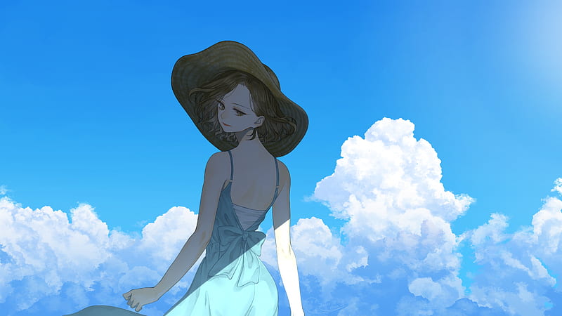 Pretty anime girl, dress, clouds, back view, hat, summer, brown hair, Anime,  HD wallpaper | Peakpx