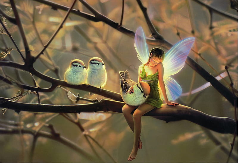 Feathered friends, pasari, fairy, art, wings, frumusete, kirk reinert, luminos, tree, fantasy, bird, girl, HD wallpaper