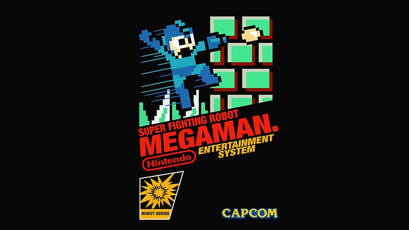 Megaman, black background, pixel art, video games, typography, HD wallpaper