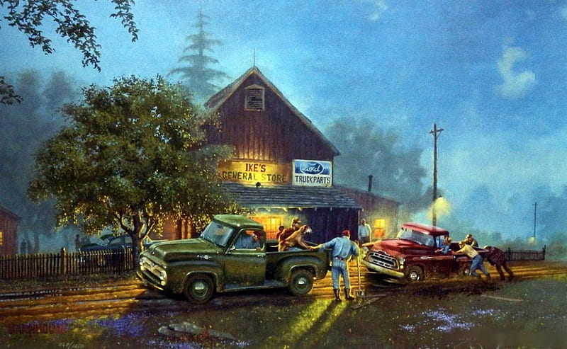 Ford Lends a Hand, carros, house, people, painting, store, artwork, HD wallpaper