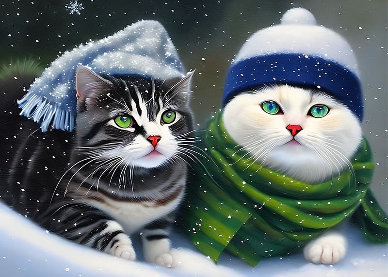 Cats in winter hats, sal, hopihe, kotott sapka, teli, hazi kedvenc, hideg, macska, ho, HD wallpaper