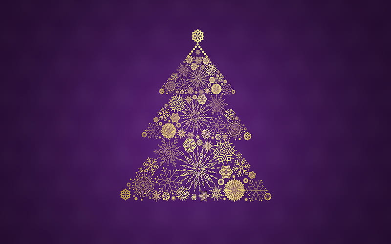 Golden ornament christmas tree, purple background, Christmas tree made of snowflakes, Purple Christmas background, New Year, snowflakes ornaments, Christmas, HD wallpaper