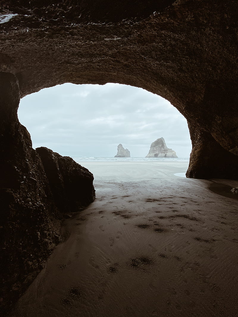 cave, rocks, beach, sea, HD phone wallpaper