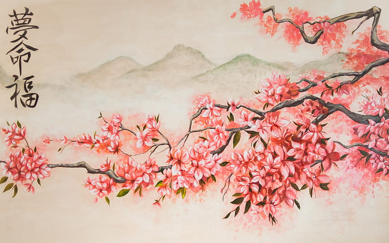Sakura, art, spring, branch, cherry blossom, painting, asian, chinese, pictura, pink, HD wallpaper