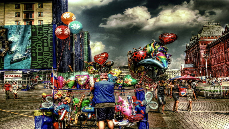 baloon vendor r, center, city, baloons, vendor, r, HD wallpaper