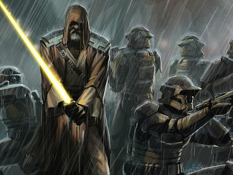 did anyone check the weather ?, weapons, jedi, storm troopers, light saber, cloak, rain, HD wallpaper