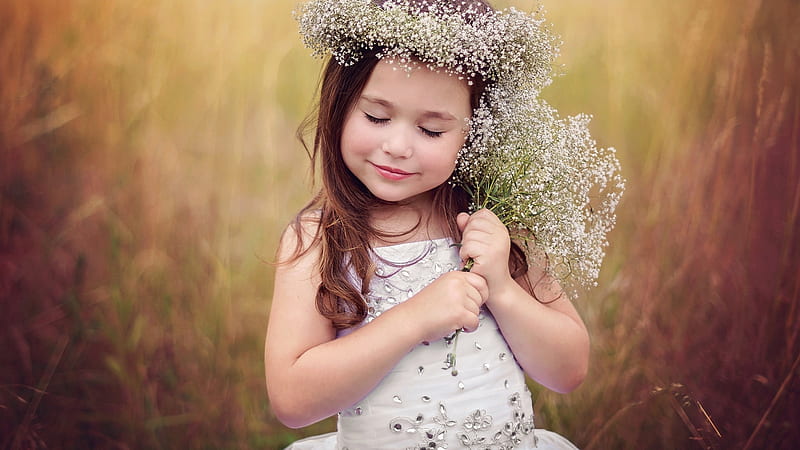 Closed Eyes Cute Little Girl Is Wearing White Dress And Having Wreath On Head In Green Dry Grass Background, HD wallpaper