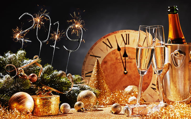 Happy New year 2019, clock, glasses with champagne, xmas decorations, gifts, Merry Christmas, HD wallpaper