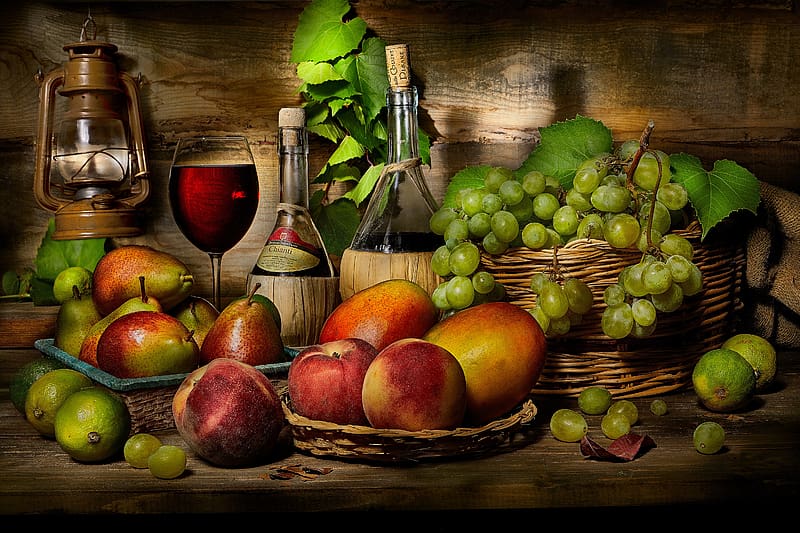 Food, Grapes, Still Life, Fruit, Bottle, Pear, Mango, Wine, HD wallpaper
