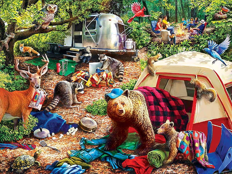 Campsite Troubles, campsite, camper, people, puzzle, bears, jigsaw, HD wallpaper