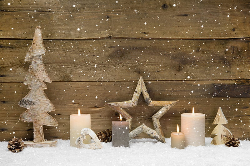 ★*Rustic Christmas*★, rustic, stars, candles, tree, merry christmas, snow, decorations, winter holidays, symbols, HD wallpaper