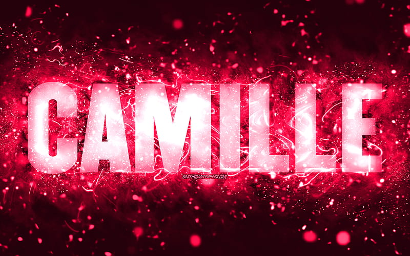 Happy Birtay Camille, pink neon lights, Camille name, creative, Camille Happy Birtay, Camille Birtay, popular american female names, with Camille name, Camille, HD wallpaper