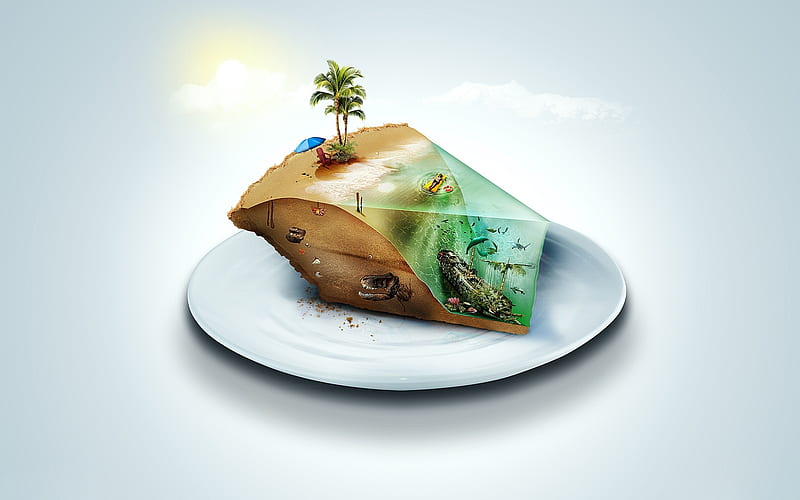 island, piece of cake, island on a plate, travel concepts, tourism, HD wallpaper