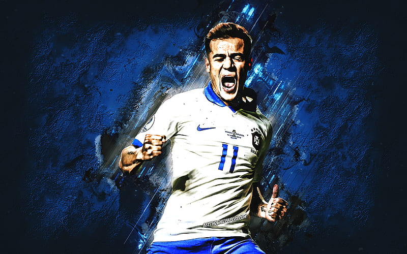 Philippe Coutinho, portrait, Brazil national football team, Brazilian soccer player, blue creative background, Brazil, Coutinho, HD wallpaper