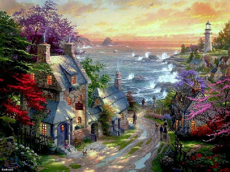 Sea Villiage, house, sea, light house, people, village, flowers, beauty, smoke, chimney, dog, dirt road, waves, sky, trees, cat, lighthouse, water, steps, HD wallpaper