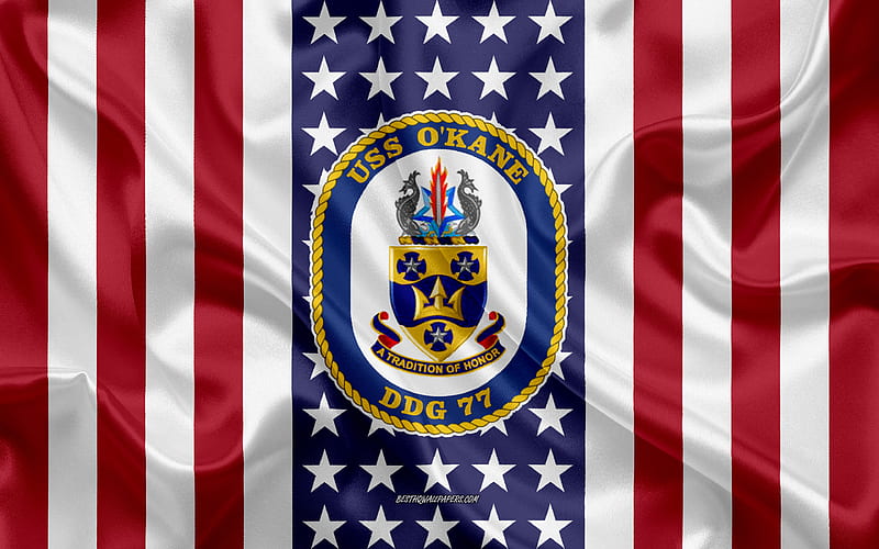 USS OKane Emblem, DDG-77, American Flag, US Navy, USA, USS OKane Badge, US warship, Emblem of the USS OKane, HD wallpaper