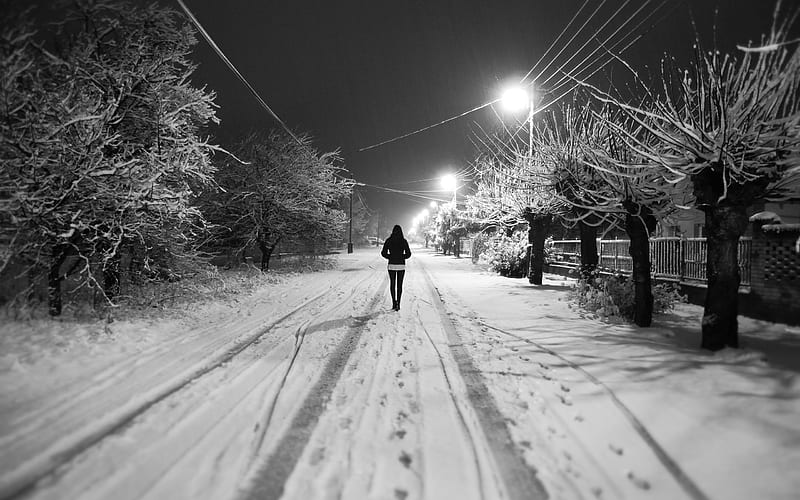Winter walk, girl, snow, trees, night, winter, HD wallpaper