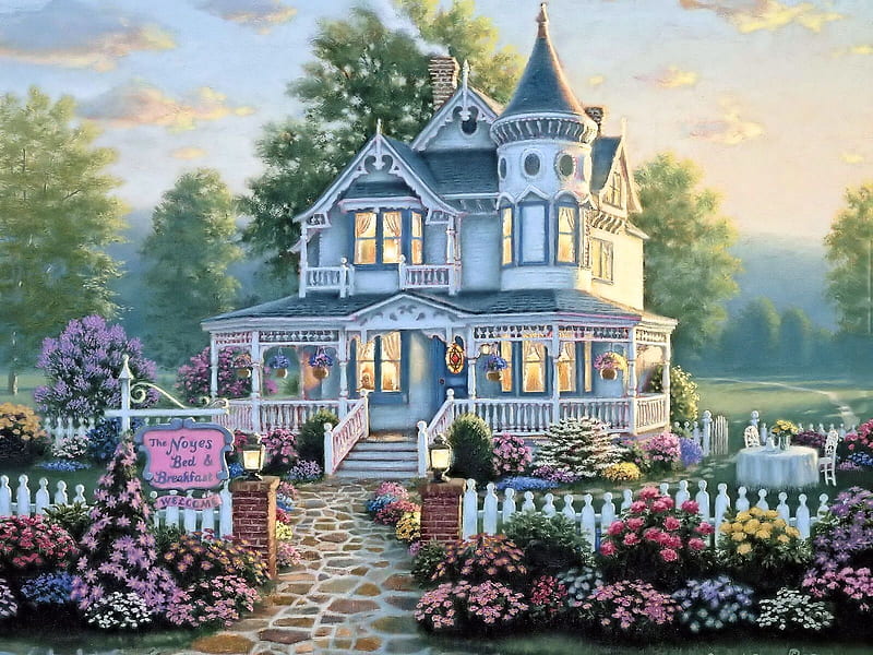 Victorian Home, house, fence, painting, garden, flowers, artwork, HD wallpaper