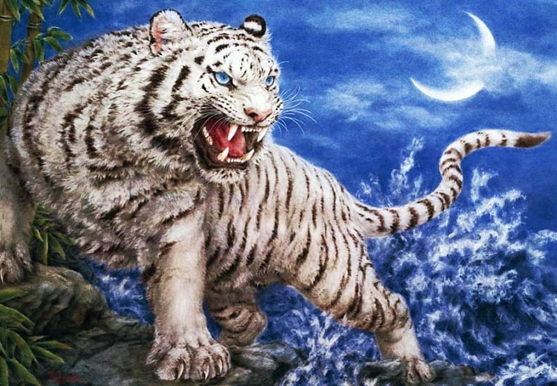 Wild Tiger, predator, moon, painting, cat, artwork, teeth, HD wallpaper