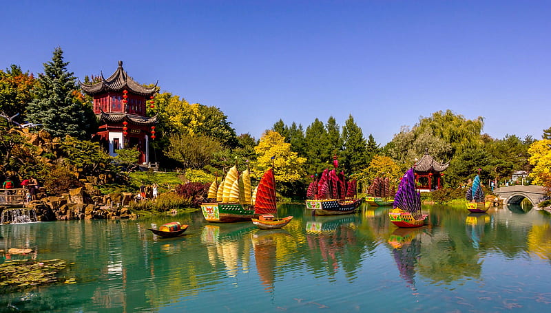 Chinese Pagoda, Pagoda, Pond, Garden, Park, Boats, Nature, HD wallpaper