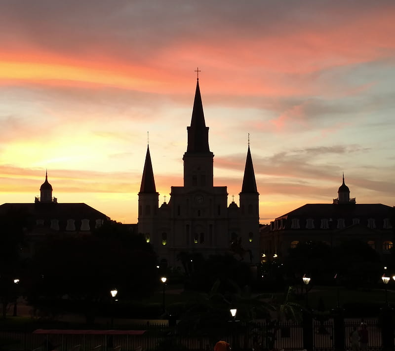 NOLA cathedral, chirch, new otleans, sunset, HD wallpaper