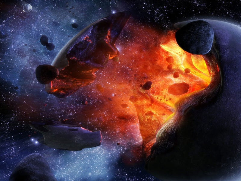 explosion in space, explosion, stars, fire, planet, HD wallpaper