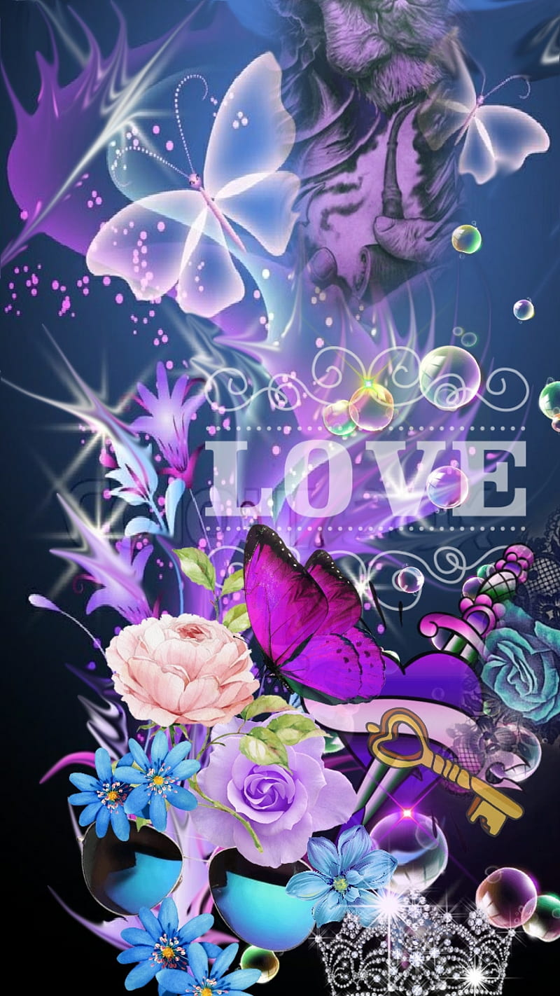 LOVELY, butterfly, desenho, fantasy, flowers, lavendar, love, purple, HD phone wallpaper
