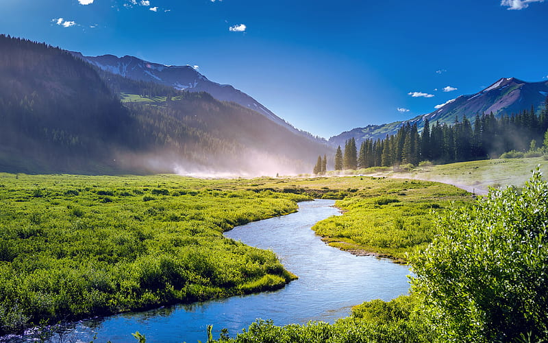 mountain landscape morning, fog, summer, mountain river, green grass, forest, Colorado, USA, HD wallpaper