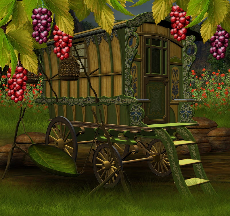 ✫Wagon in the Vineyard✫, rocks, grass, fruits, leaves, stock , resources, premade, vineyard, creative pre-made, roses, trees, wagon, plants, backgrounds, nature, grapes rip, HD wallpaper