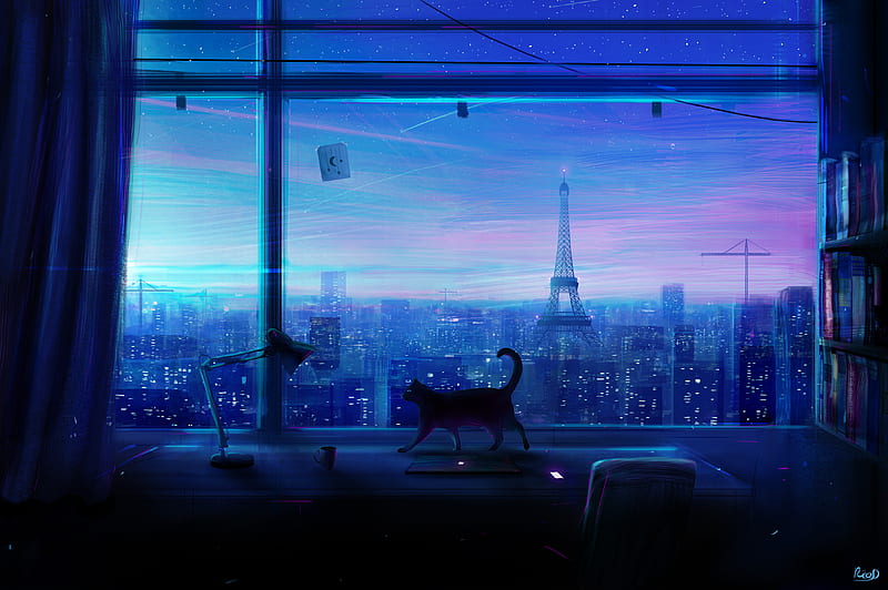 cat, art, window, city, view, HD wallpaper