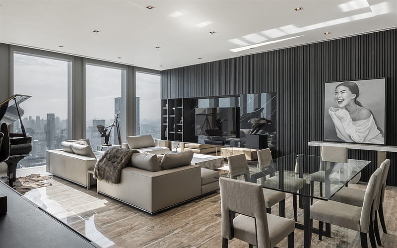 stylish gray interior, living room, gray wall, modern interior design, gray sofas, HD wallpaper
