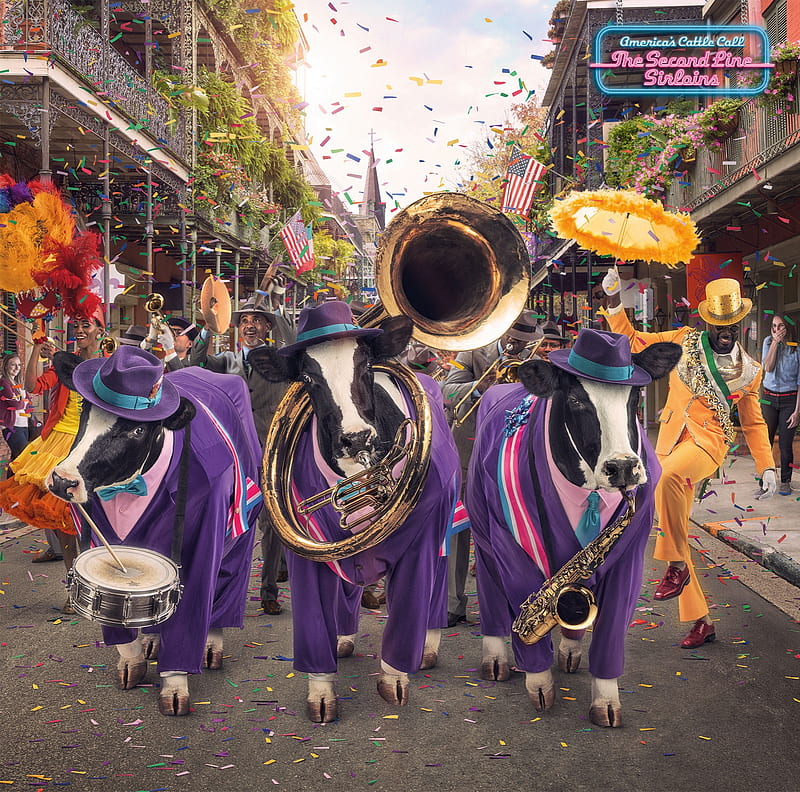 Cownaval, cow, carnaval, andy mahr, music, umbrella, yellow, new orleans, animal, hat, fantasy, add, purple, vaca, funny, commercial, pink, HD wallpaper