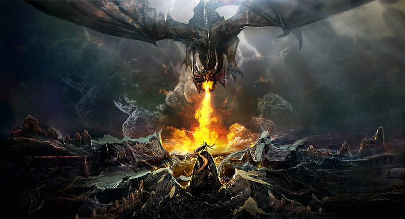 Dragon Throwing Fire On Warrior, dragon, fire, warrior, artist, digital-art, HD wallpaper