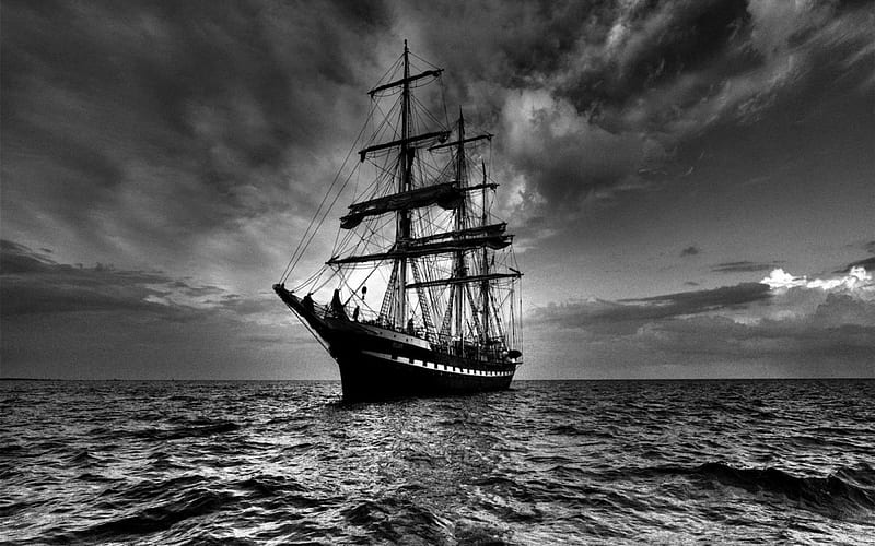 SAILING SHIP IN DARK, ship, dark, graphics, black, sailing, white, creative, HD wallpaper