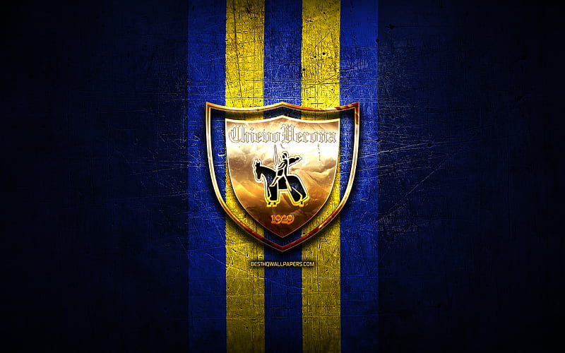 Chievo Verona FC, golden logo, Serie B, blue metal background, football, AC Chievo Verona, italian football club, Chievo Verona logo, soccer, Italy, HD wallpaper