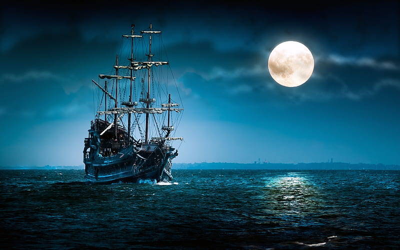 Sailboat, moon, 3d, sea, night, HD wallpaper