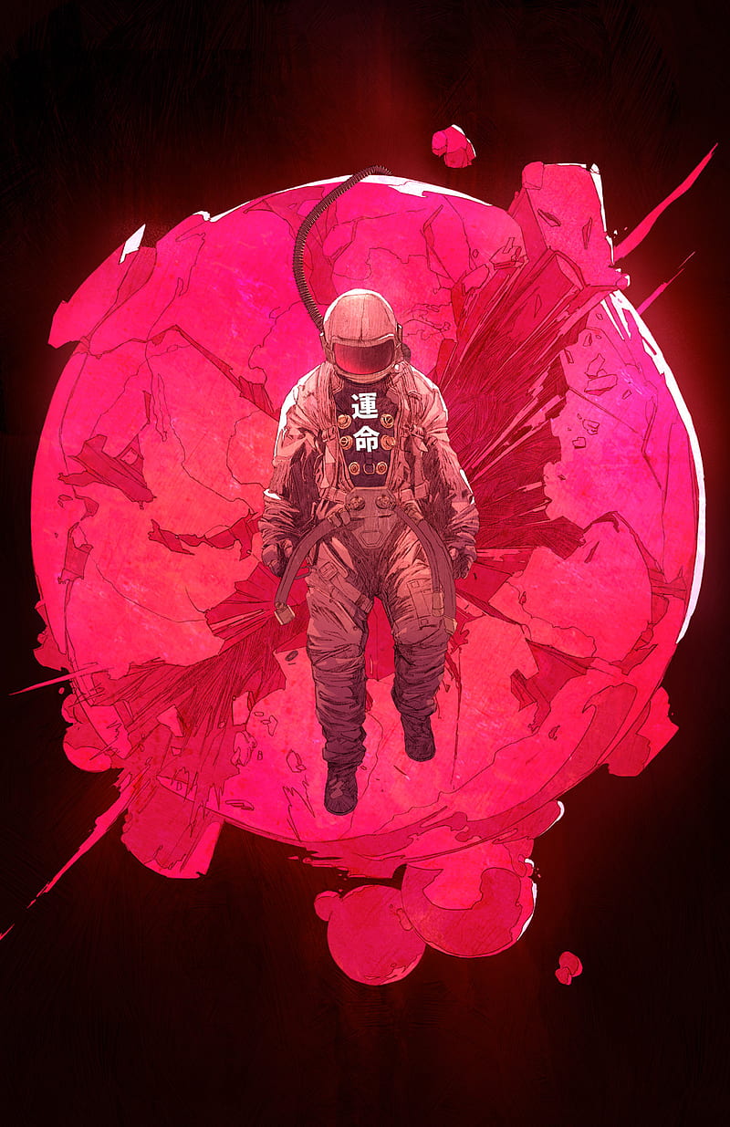 Chun Lo, drawing, astronaut, planet, destruction, vertical, red, pink, HD phone wallpaper