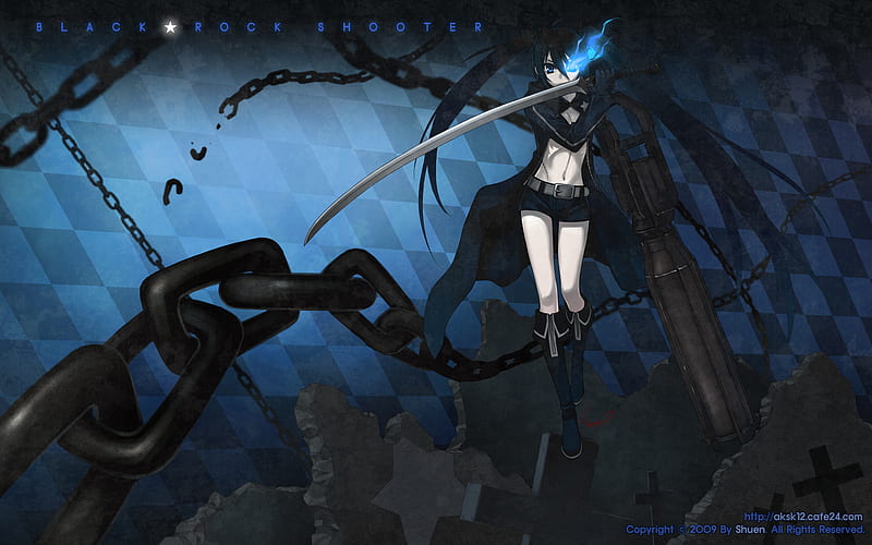 black rock shooter, rock, shooter, black, cute, i, tags, girl, with, anime, get bored, blue, HD wallpaper