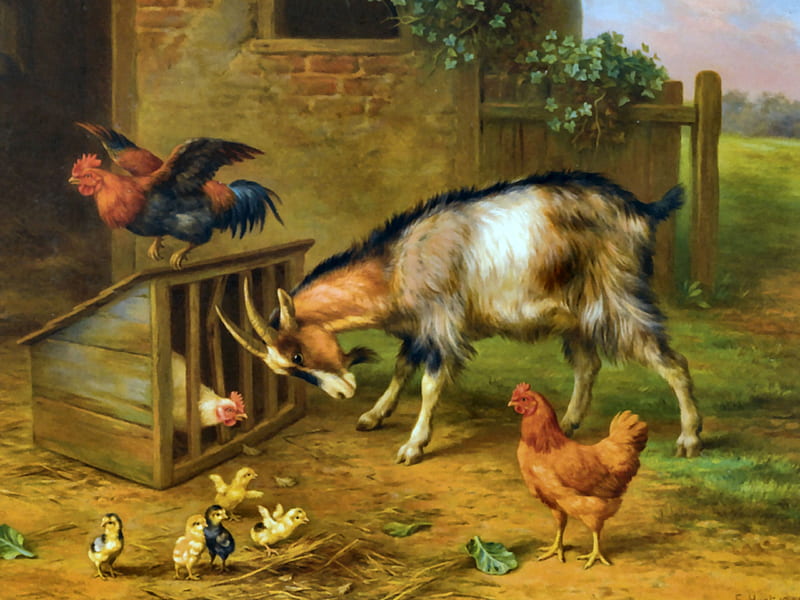 The Intruder 1935 - Goat F, art, bonito, illustration, artwork, goat, painting, wide screen, chickens, farm animals, HD wallpaper