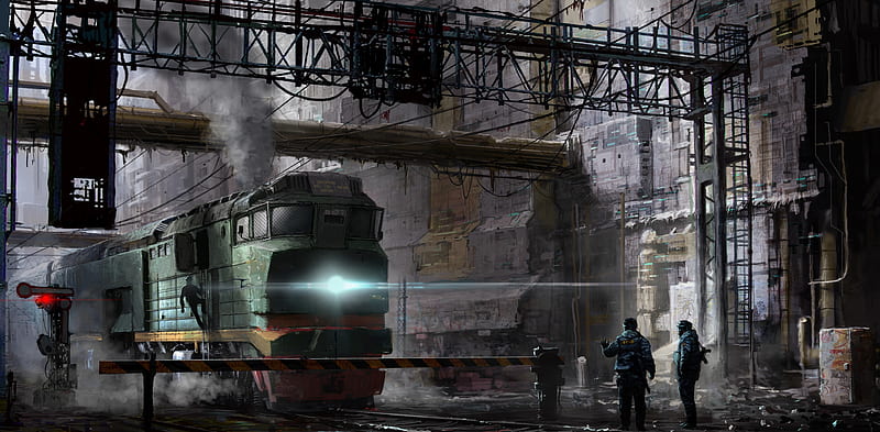 train, people, post-apocalyptic, sci-fi, Fantasy, HD wallpaper