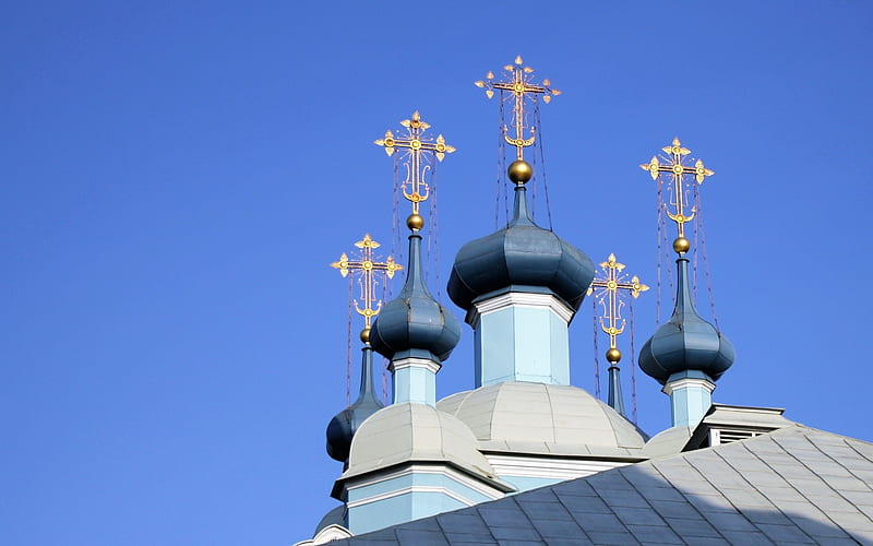 Church Crosses, crosses, sky, church, domes, gold, HD wallpaper