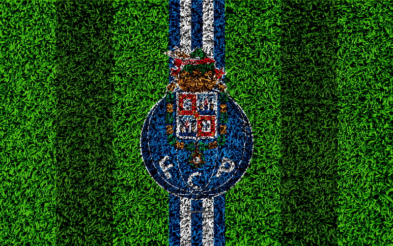 FC Porto logo, football lawn, Portuguese football club, blue white lines, Primeira Liga, Porto, Portugal, football, HD wallpaper