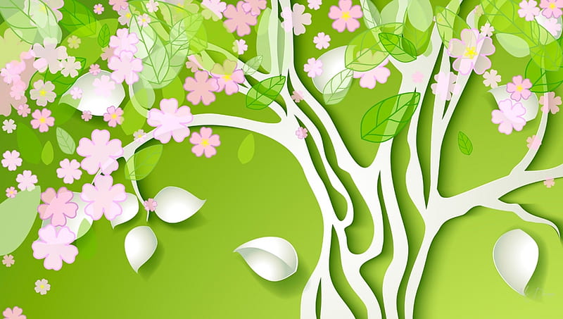 Spring Blossom Tree, tree, leaves, 3D, green, summer, flowers, spring, cut out, HD wallpaper