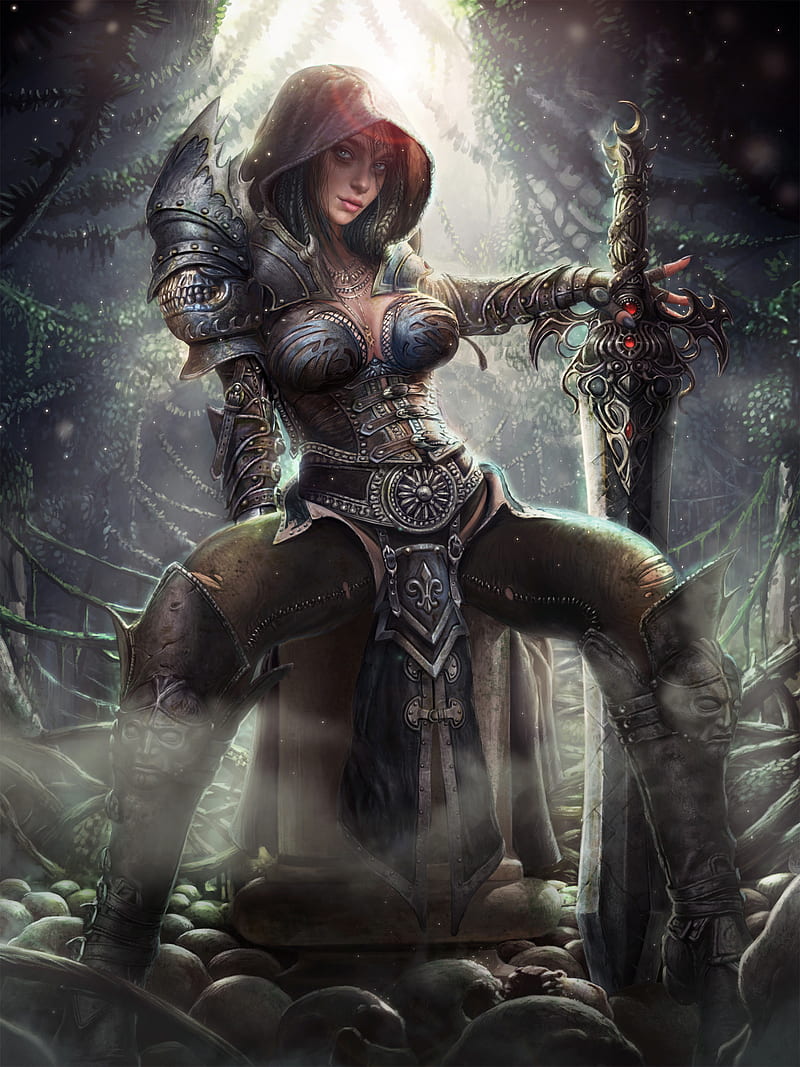 KyuYong Eom, drawing, lens flare, hoods, women, tiaras, looking at viewer, warrior, weapon, sword, gems, ruby, boots, mist, skull, forest, fantasy girl, HD phone wallpaper