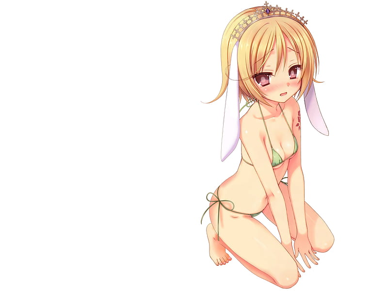 @._.@, swimsuit, pink eyes, kore wa zombie desu ka, blushing, blonde hair, bunny ears, bikini, HD wallpaper