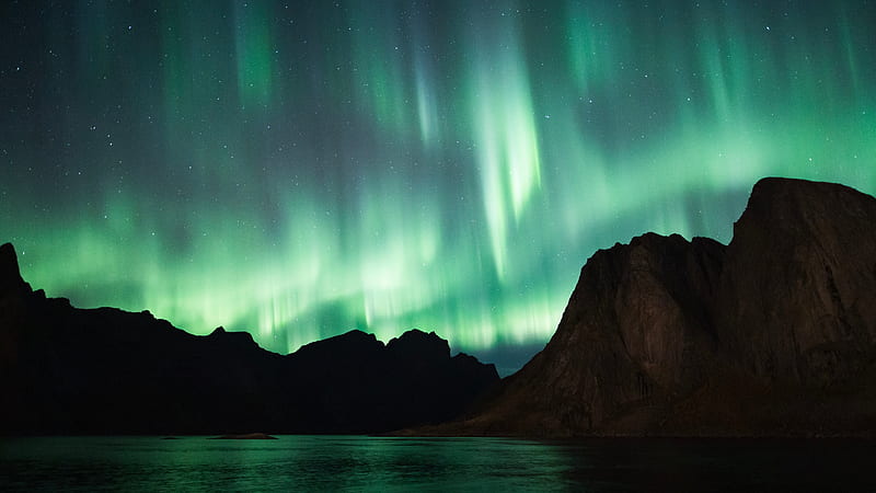 northern lights, aurora, mountains, lake, night, HD wallpaper