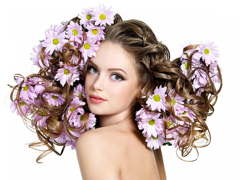 Spring Woman, female, models, lovely, magic, spring, hair, femininity, flowers, beauty, glamour, face, daisy, HD wallpaper