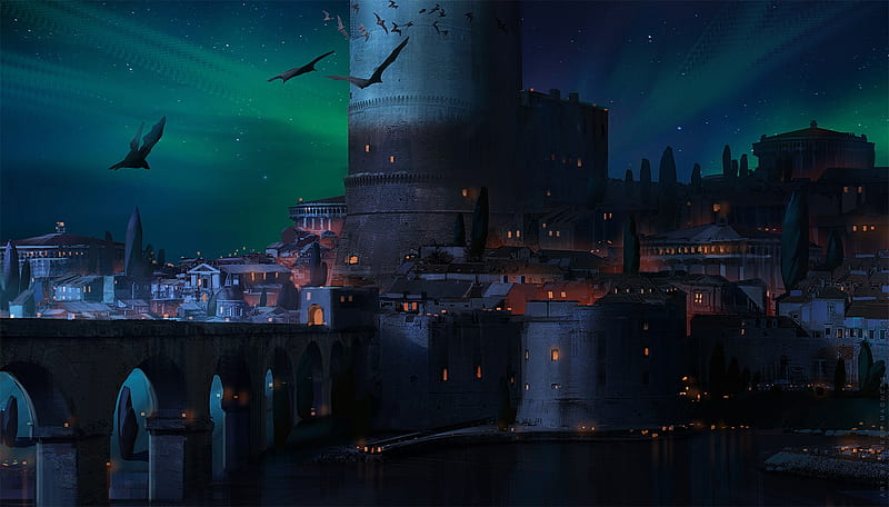 Mysterious night, olga orlova, luminos, bird, castle, blue, night, world, art, fantasy, green, tower, HD wallpaper