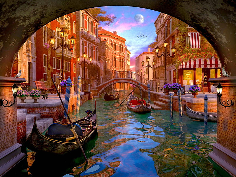 Venice View, houses, boats, canal, bridge, restaurant, digital, artwork, HD wallpaper