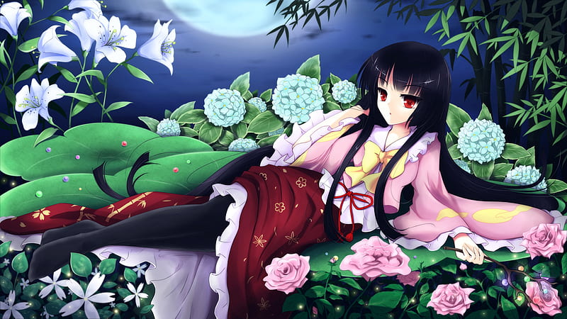 720p Descarga Gratis Houraisan Kaguya Luna Mujeres Anime Touhou Flores Rosas Ojos Rojos 9425